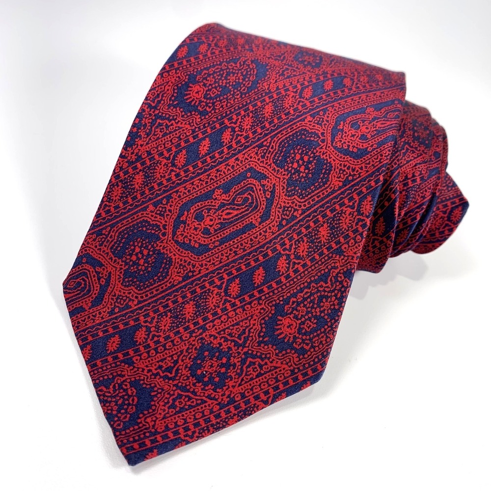 Vintage Windsor Lott Mens Tie Blue w/ Red & Geometric Striped Design 100% Silk